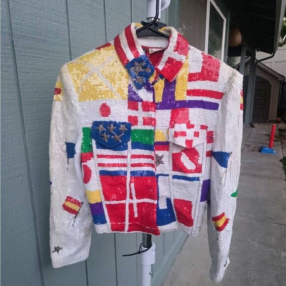 80s Modi Vintage Sequin Embellished World Flags Patterned Silk Jacket. Medium - Picture 1 of 10